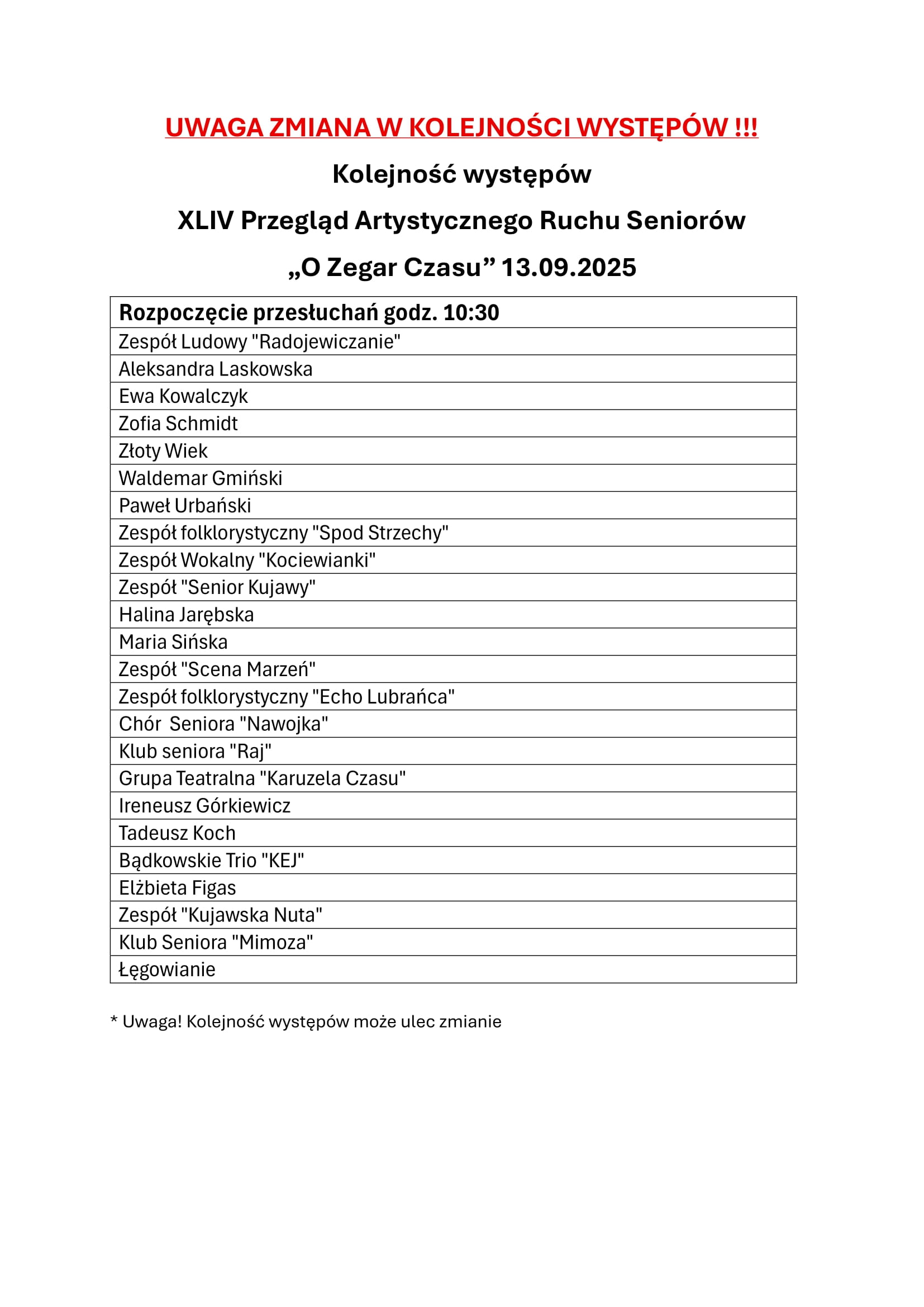 UWAGA ZMIANA W KOLEJNOCI WYSTPW 1